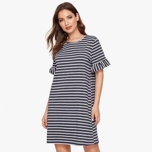 Navy and White Striped Ruffle Sleeve Dress